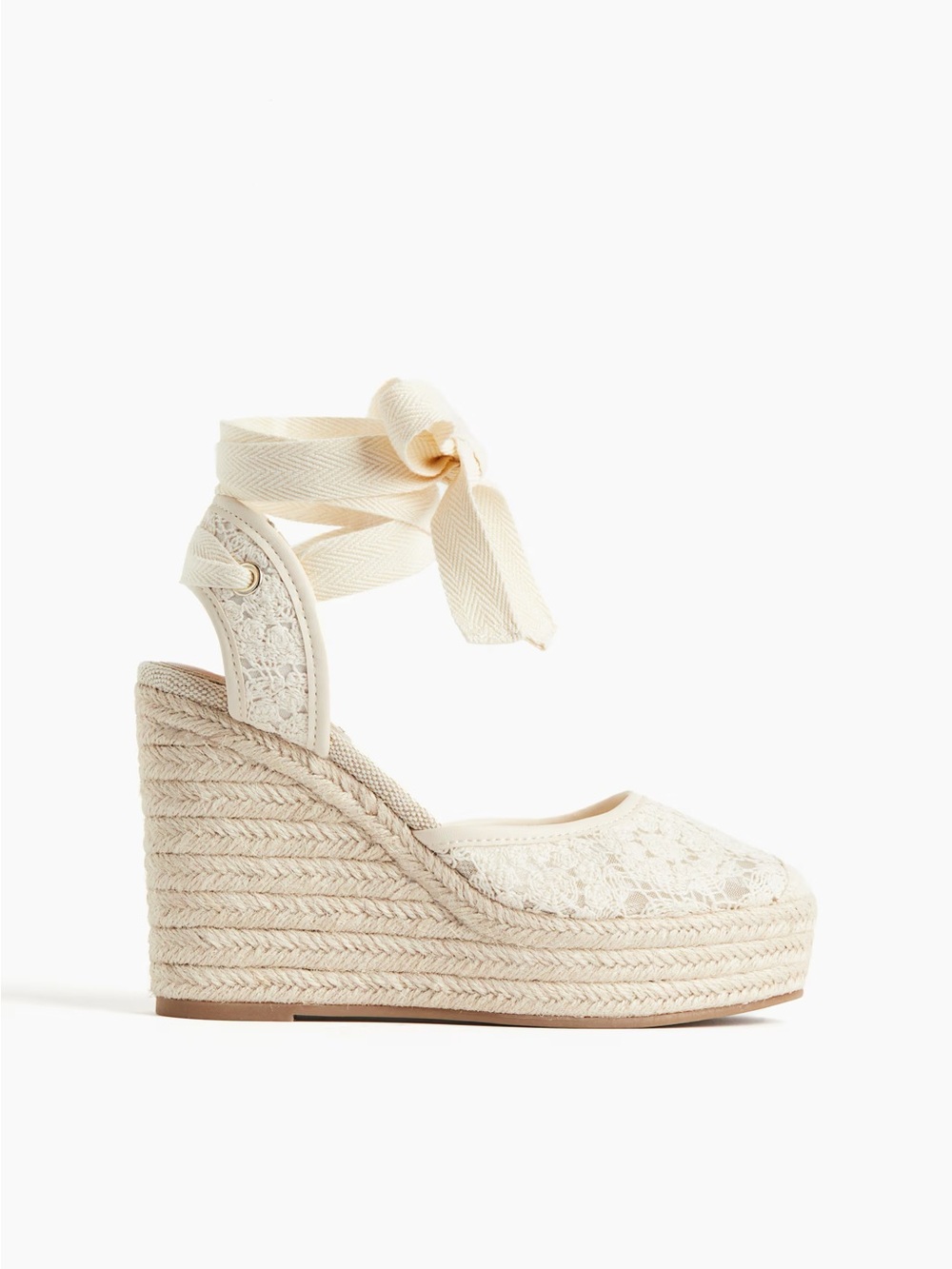 H&M Lace Espadrille Wedge Ankle-Tie Platform — Cream